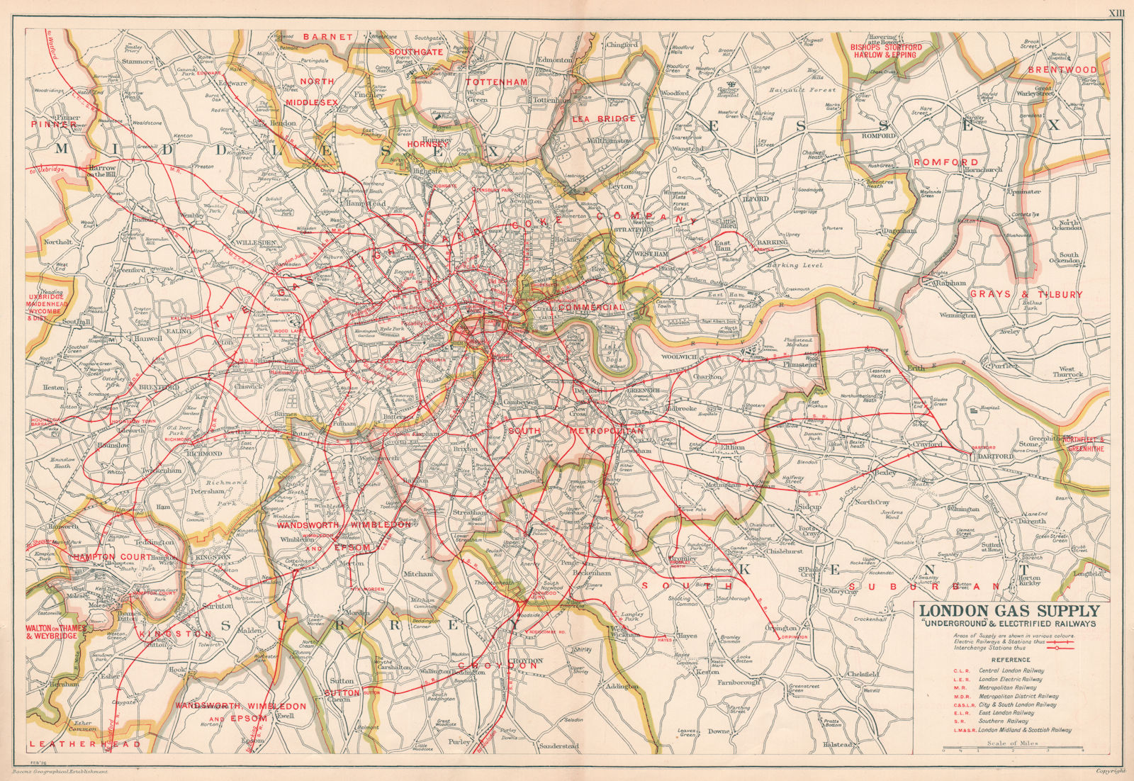 LONDON GAS SUPPLY areas + UNDERGROUND/Tube & electrified railways.BACON 1927 map